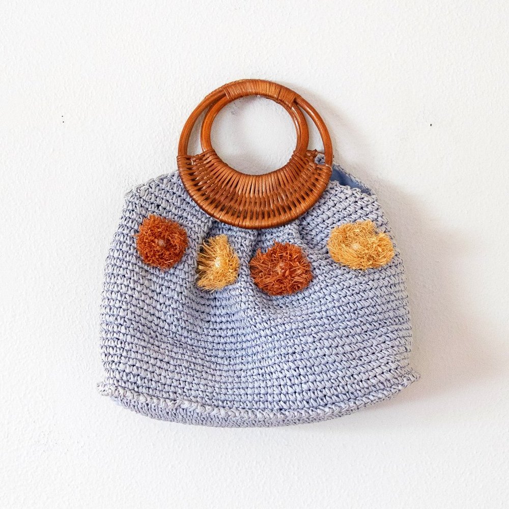 Blue Straw Wicker Pom Pom Wood Handle Purse